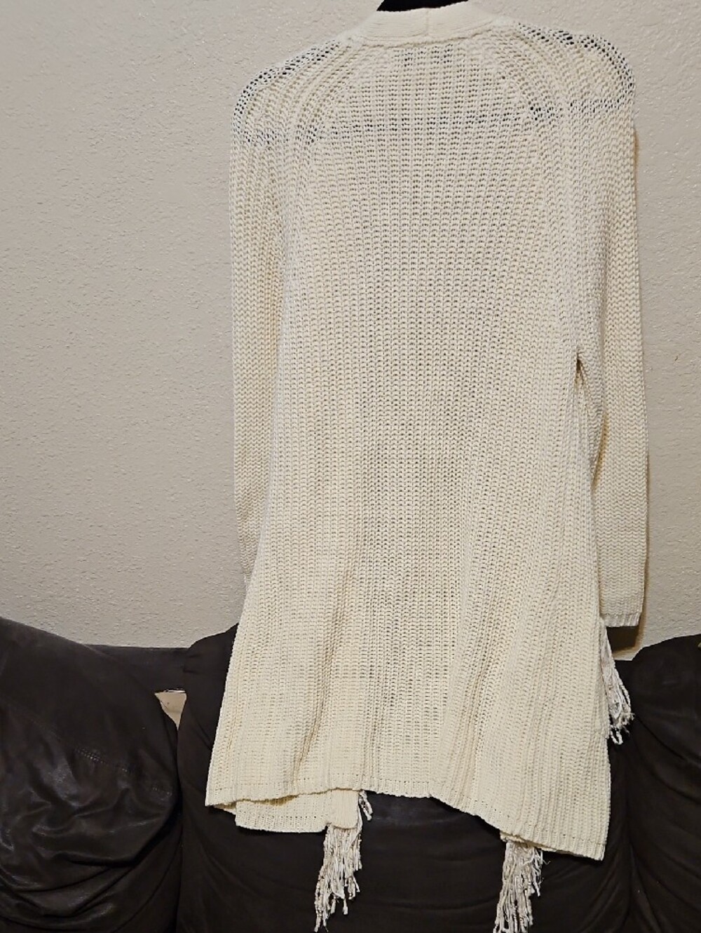 Curios Open-Front Fringe Knit Cardigan in Light Cream - Picture 7 of 10